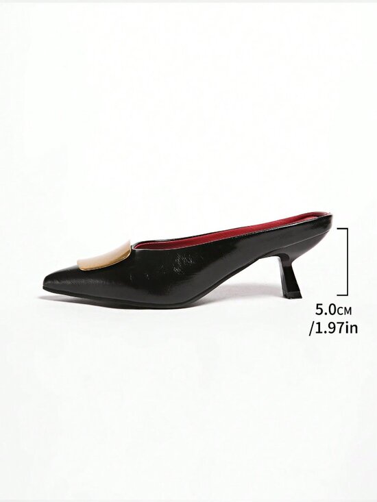 Black Fashionable Women's Pointed Toe Metal Buckle High Heel Pumps - Picture 8 of 8